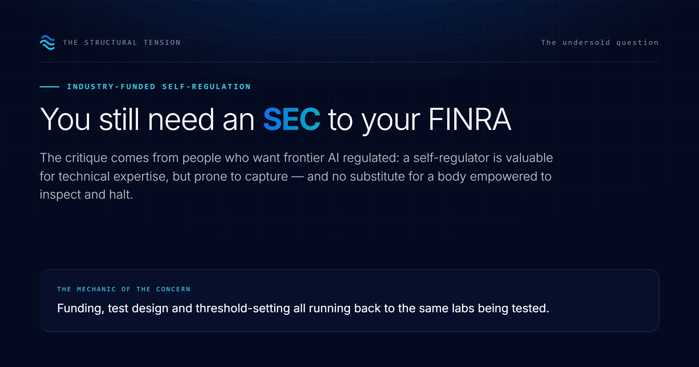 Text discusses the need for an SEC to regulate industry-funded self-regulation in AI, highlighting concerns over testing...