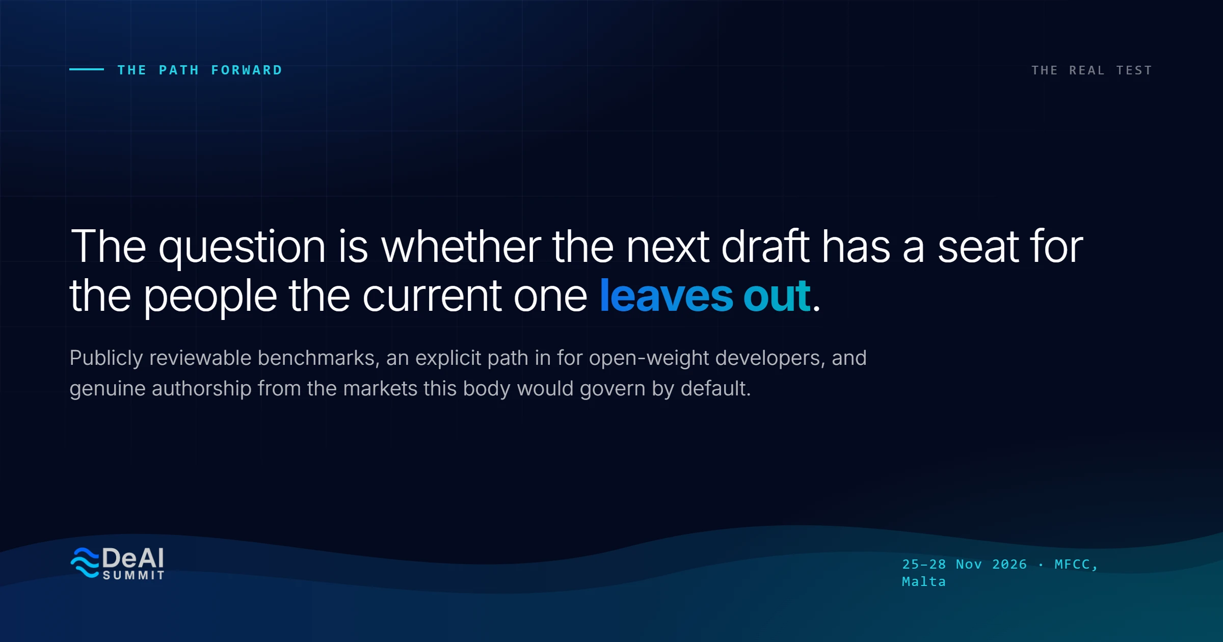 Text on a gradient background discussing inclusivity in AI development, with event details for the DeAI Summit in Malta.