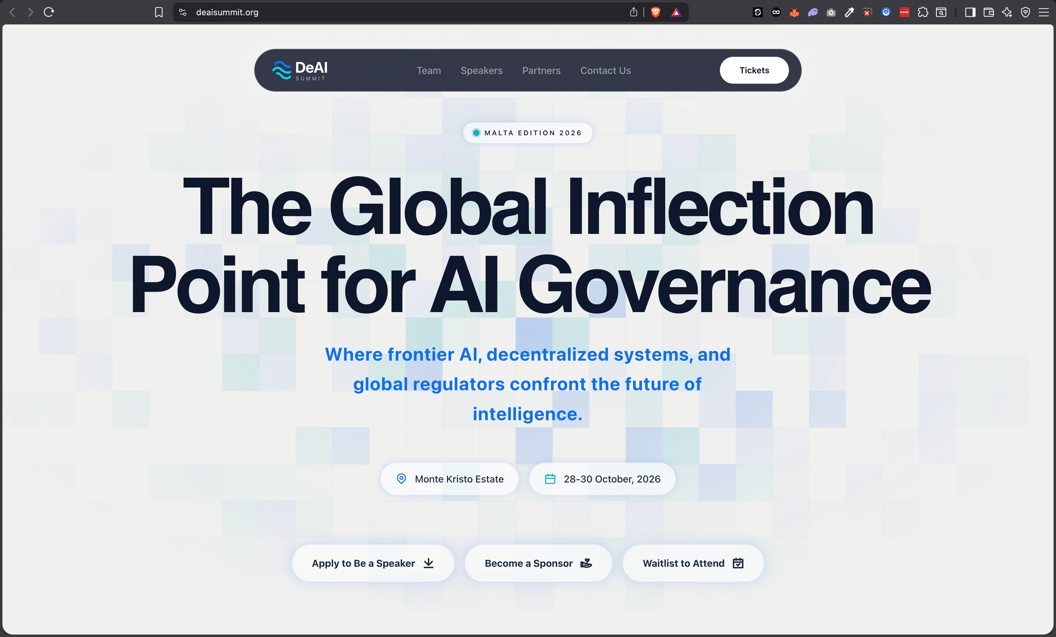 Event webpage for DeAI Summit 2026, emphasizing AI governance with details on the location and date.